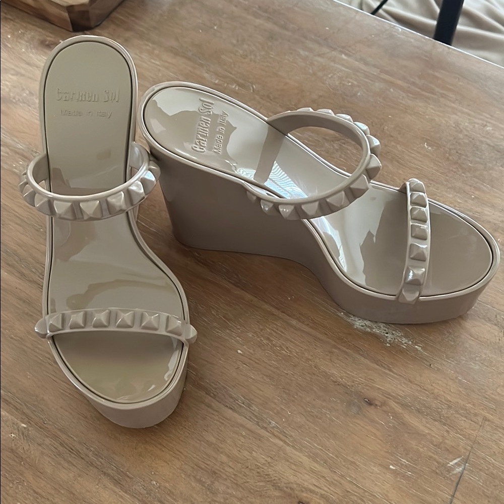 Tan Wedge Sandals with Studded Strap